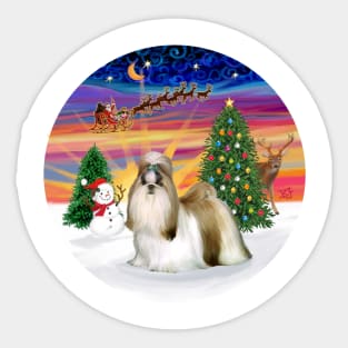 Santa's Sunset Take Off Featuring a Long Haired Brown and White Shih Tzu Sticker